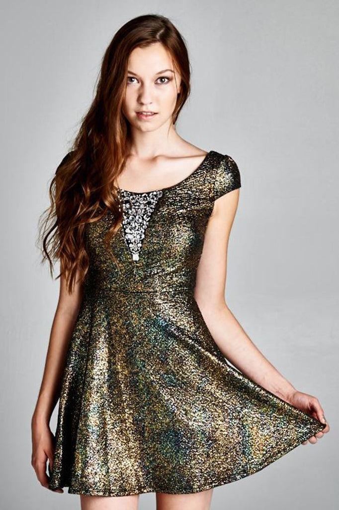 Glitter Party Skater Dress Rhinestone Neckline Gold