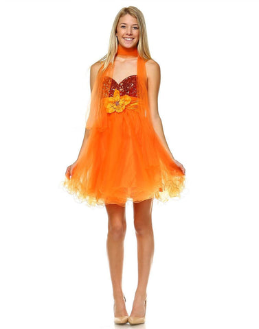Sequin  Cocktail Babydoll Party Dress with Florette Orange