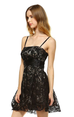 Cocktail Dress Strapless Lace Floral Black Gray S