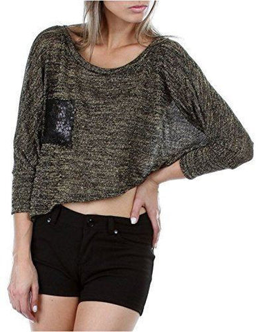 Womens Black Gold Grey Knit Mid Rise Sequin Shirt