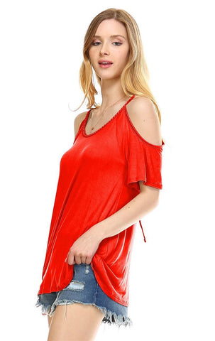 Off the Shoulder Tops with Back Tie and Neck Trimming Red Orange