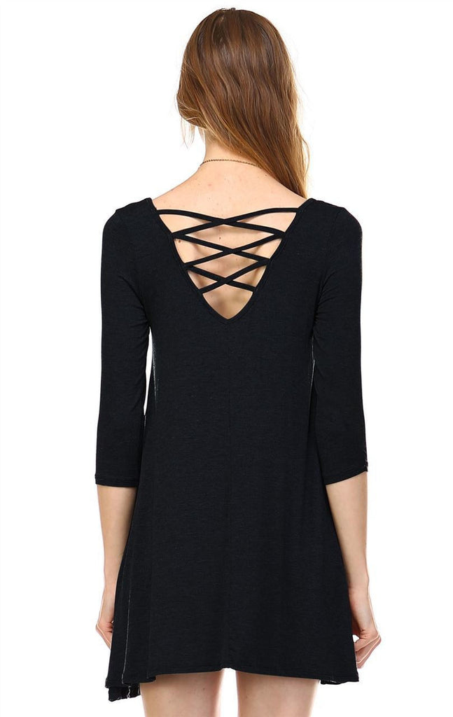 Strappy Back Dress Sleeveless and 3/4 Sleeve Black