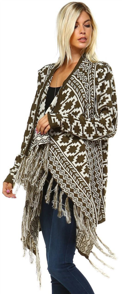 Cowl Aztec Cardigan Tribal Sweater Ponchos Olive White