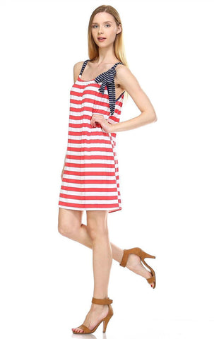 Coral Stripes Tunic Dress with Navy Stripe Shoulder Bow