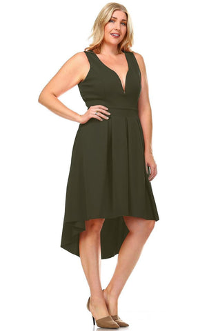 Plus Size Pleated Midi Cocktail Dress with Empire Waist Olive