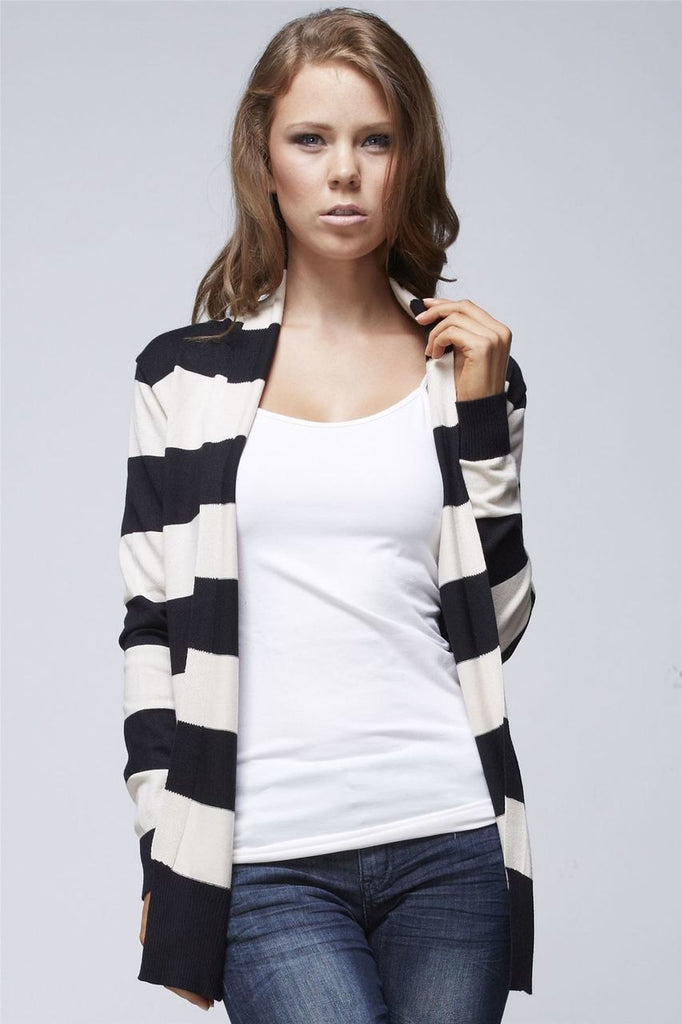 Black Ivory Striped Soft and Cozy Long Sleeve Back Button Cardigan Sweater Jacket