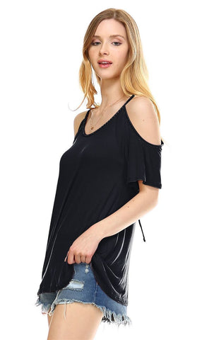 Off the Shoulder Tops with Back Tie and Neck Trimming Black
