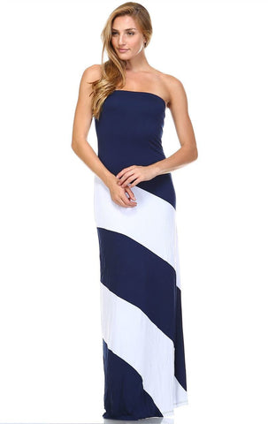 Strapless Navy White Double-Lined Striped Maxi Dress