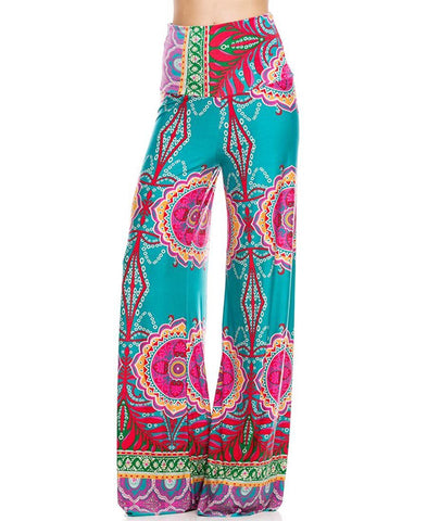 Palazzo Pants High Waisted Foldover Tropical Teal Pink