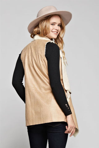 Shearling Faux Fur Vest with Suede and Pockets Beige