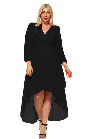 Plus Size Wrap Dress with Sleeve and Belt Black