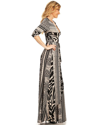 Maxi Dress with Sleeves Vertical Tribal Black Tan