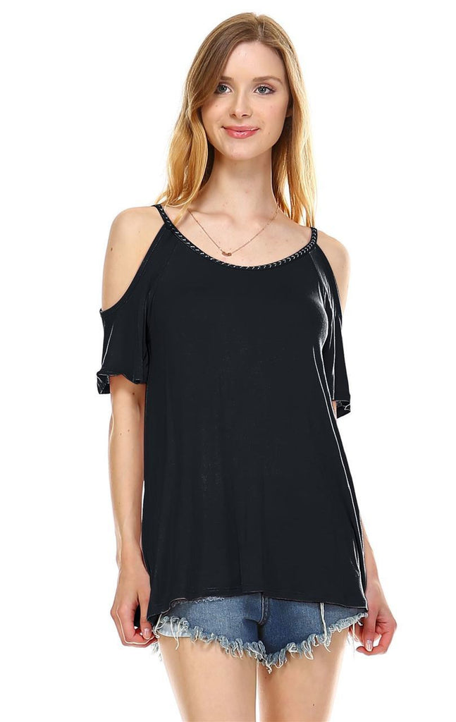 Off the Shoulder Tops with Back Tie and Neck Trimming Black