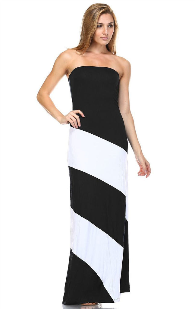 Strapless Maxi Dress Double-Lined Black White Colorblock