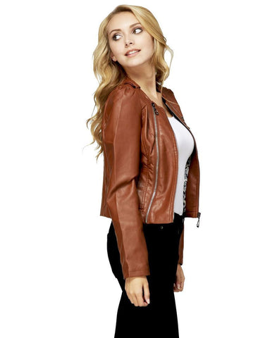 Womens Faux Leather Shell Stylish Brown 3 Zipper Jacket