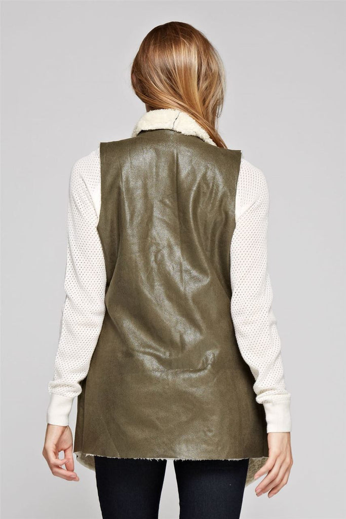 Shearling Faux Fur Vest with Suede and Pockets Olive