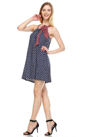 Navy Polka Dot Tunic Dress with Red Stripe Shoulder Bow