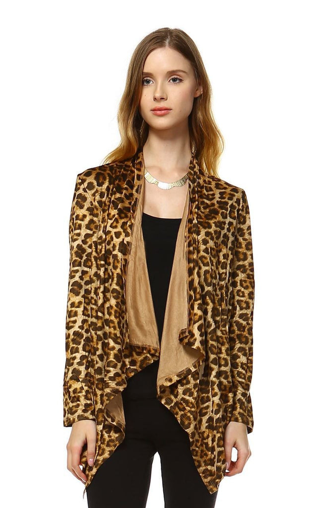 Suede Open Front Flyaway Jacket Cardigan Cheetah Brown