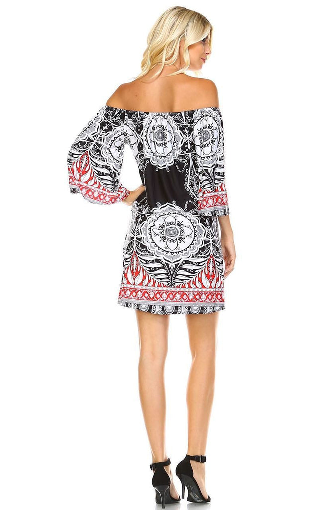 Off Shoulder Tunic Dress Black Red Tropical Paisley