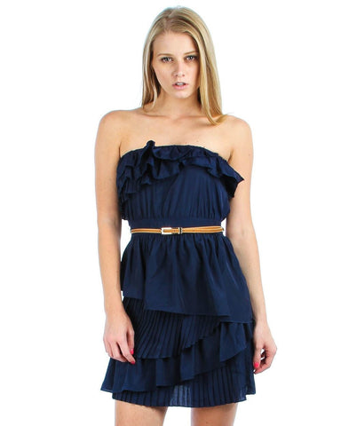 Strapless Mini Dress Ruffle Belt Navy Blue