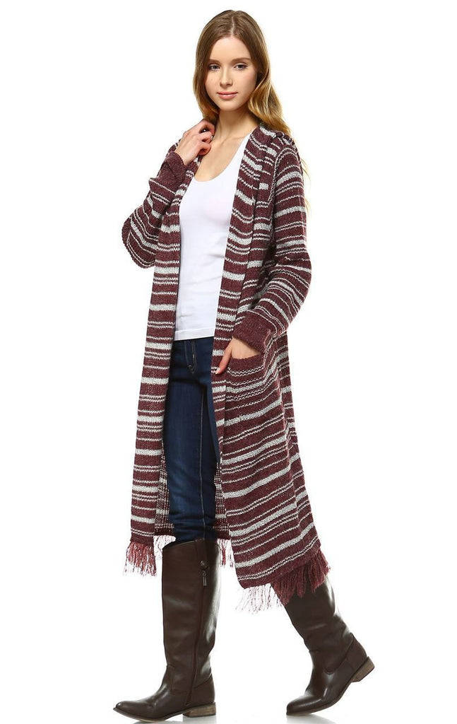 Long Cardigan Sweater Striped with Hoodie Hood Burgundy
