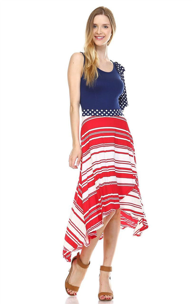 Red White Striped 3 Navy Shoulder Bow Maxi Dress