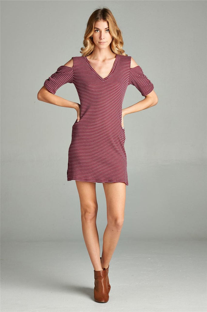 Open Shoulder Ribbed Dress with V Neck Striped Burgundy