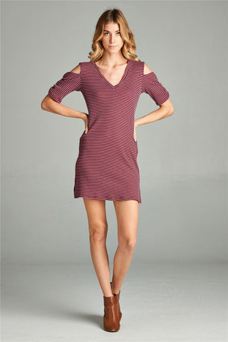 Open Shoulder Ribbed Dress with V Neck Striped Burgundy