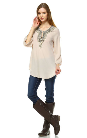 Embroidered Shirt with Long Sleeves with Button Accents Sand
