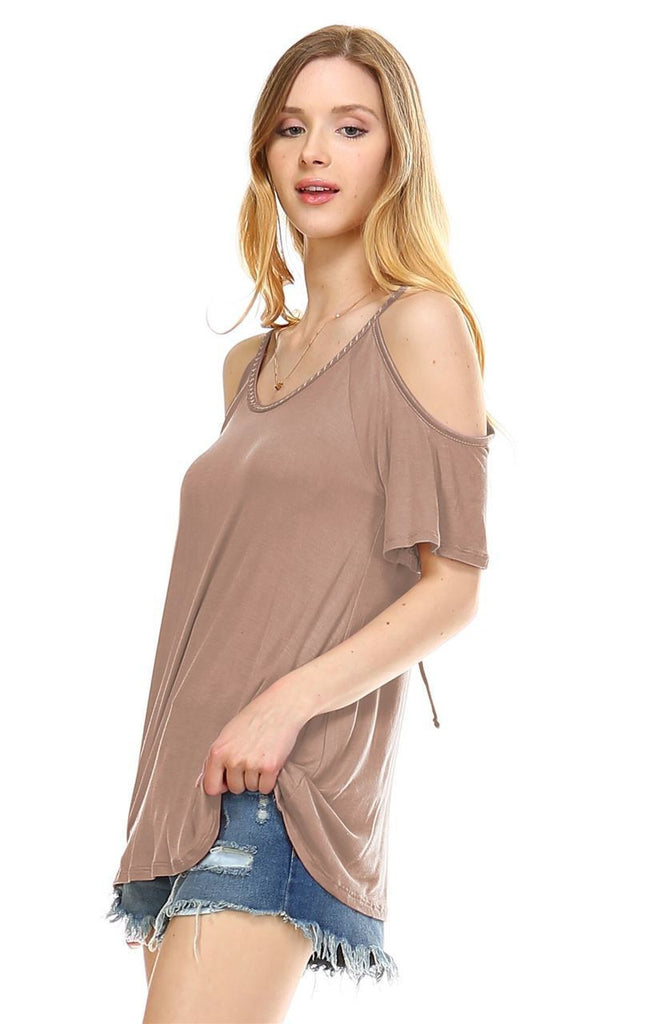 Off the Shoulder Tops with Back Tie and Neck Trimming Taupe