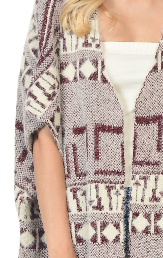 Aztec Cardigan Tribal Sweater Furry Vests Burgundy