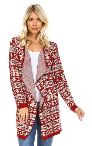 Open Front Oversized Fringe Cardigan with Stripe Aztec Burgundy Beige