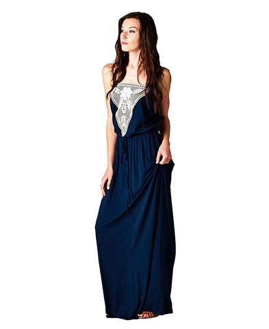 Navy Blue Strapless Maxi Dress with Elegant Crochet Chest Piece