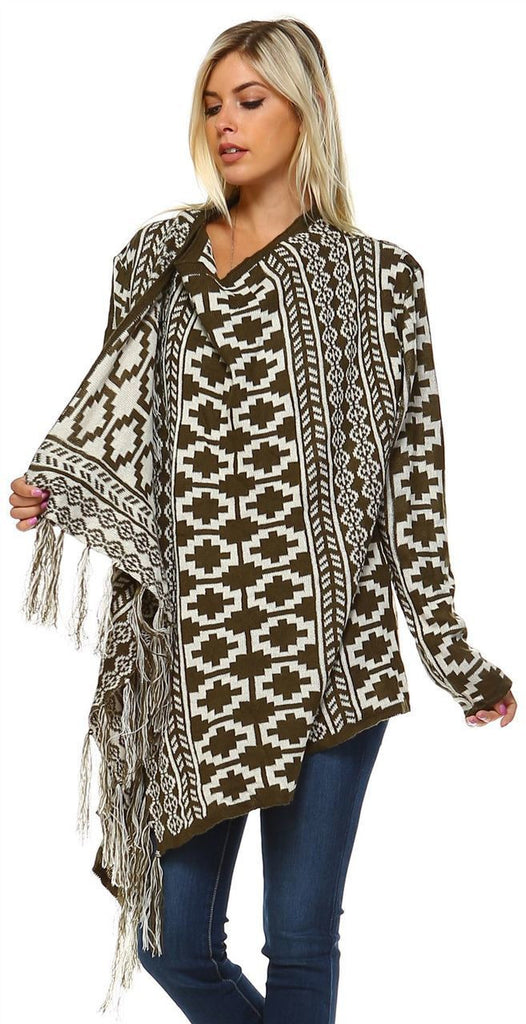 Cowl Aztec Cardigan Tribal Sweater Ponchos Olive White