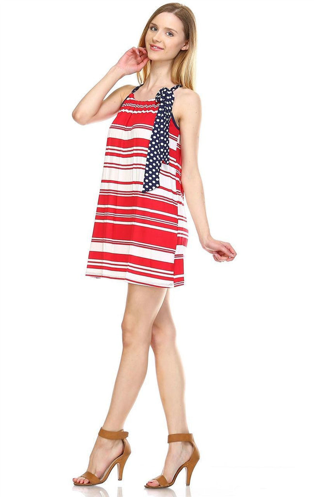 Red Stripe 3 Tunic Dress with Navy Polka Dot Shoulder Bow