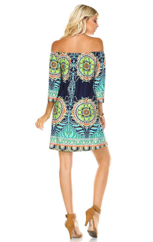 Off Shoulder Tunic Dress Navy Blue Tropical Paisley