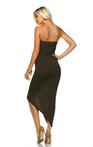 Strapless Bodycon Maxi Club Dress Ruched Detail with Cutout Olive