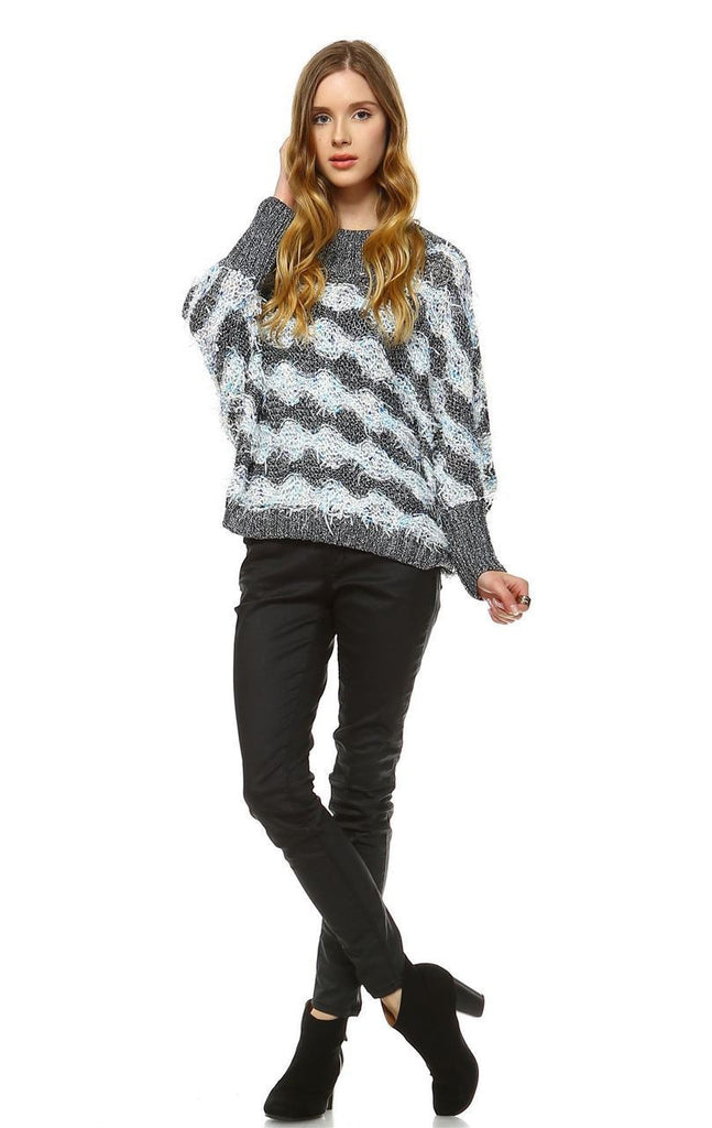 Fuzzy Sweater Doleman Sleeve Pullover Gray Blue