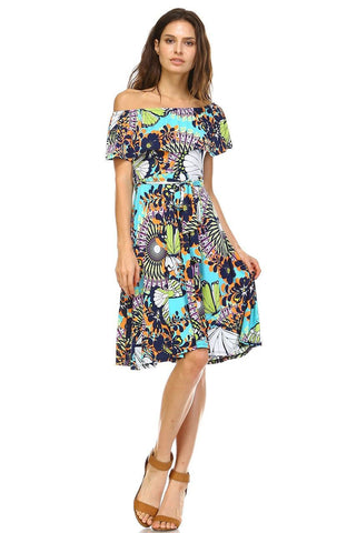 Off The Shoulder Knee Length Dress Butterfly Turquoise