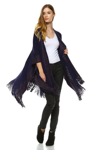 Regular and Plus Size Aztec Tribal Poncho Capes Wrap Navy
